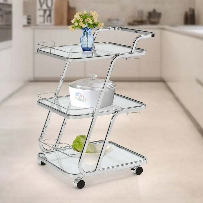 Merida 3 Layers Tempered Glass Serving Trolley With Goblet And Bottle Holders | Kitchen Trolley | Rolling Cart | Modern Design Serving Cart For Dining Kitchen L59xW45xH89cm - Clear/Chrome