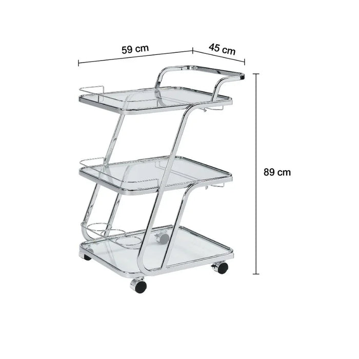 Merida 3 Layers Tempered Glass Serving Trolley With Goblet And Bottle Holders | Kitchen Trolley | Rolling Cart | Modern Design Serving Cart For Dining Kitchen L59xW45xH89cm - Clear/Chrome