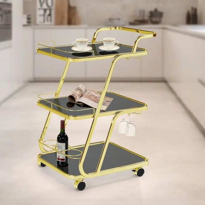 Merida 3 Layers Tempered Glass Serving Trolley With Goblet And Bottle Holders | Kitchen Trolley | Rolling Cart | Modern Design Serving Cart For Dining Kitchen L59xW45xH89cm - Black/Brass