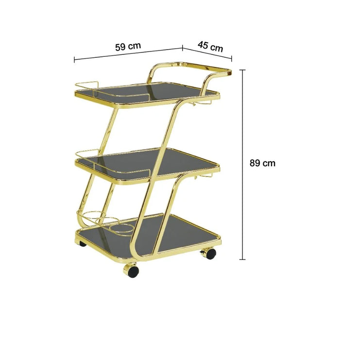 Merida 3 Layers Tempered Glass Serving Trolley With Goblet And Bottle Holders | Kitchen Trolley | Rolling Cart | Modern Design Serving Cart For Dining Kitchen L59xW45xH89cm - Black/Brass