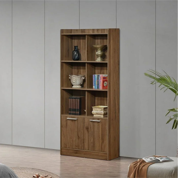 Supreme 2-Door Bookcase with Open Shelves – Modern Wooden Storage Cabinet for Books, Decor & Files – Living Room, Office, Study Furniture Organizer-Light Walnut