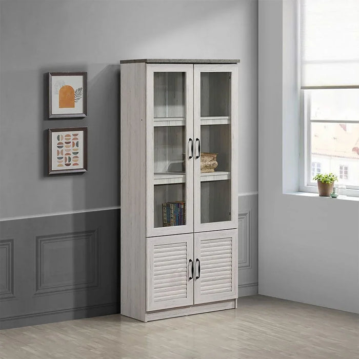 Zenith 4-Door Glass Book Case Modern Storage Cabinet Stylish Glass Bookcase For Living Room Bedroom Home office – White Oak And Cement Bookshelf
