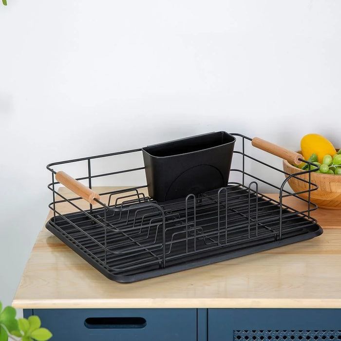 Atticus Iron Dish Rack Set With Wooden Handle Metal Iron Wood Pp Modern Houseware Dish Rack L 43.5x32 X H 14.5cm Black