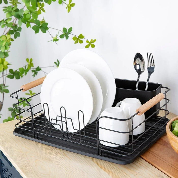 Atticus Iron Dish Rack Set With Wooden Handle Metal Iron Wood Pp Modern Houseware Dish Rack L 43.5x32 X H 14.5cm Black