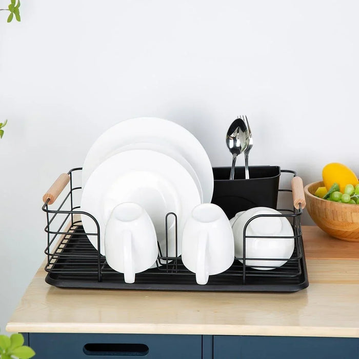 Atticus Iron Dish Rack Set With Wooden Handle Metal Iron Wood Pp Modern Houseware Dish Rack L 43.5x32 X H 14.5cm Black