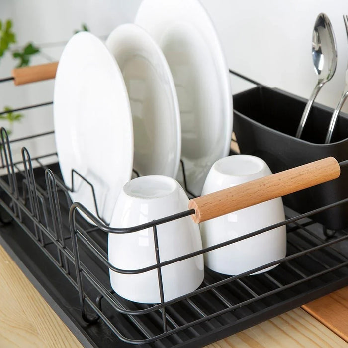 Atticus Iron Dish Rack Set With Wooden Handle Metal Iron Wood Pp Modern Houseware Dish Rack L 43.5x32 X H 14.5cm Black