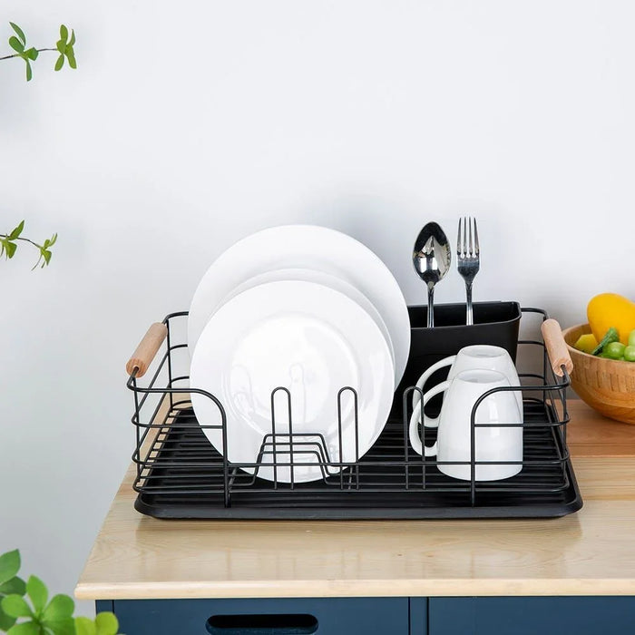 Atticus Iron Dish Rack Set With Wooden Handle Metal Iron Wood Pp Modern Houseware Dish Rack L 43.5x32 X H 14.5cm Black