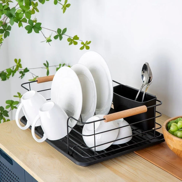Atticus Iron Dish Rack Set With Wooden Handle Metal Iron Wood Pp Modern Houseware Dish Rack L 43.5x32 X H 14.5cm Black