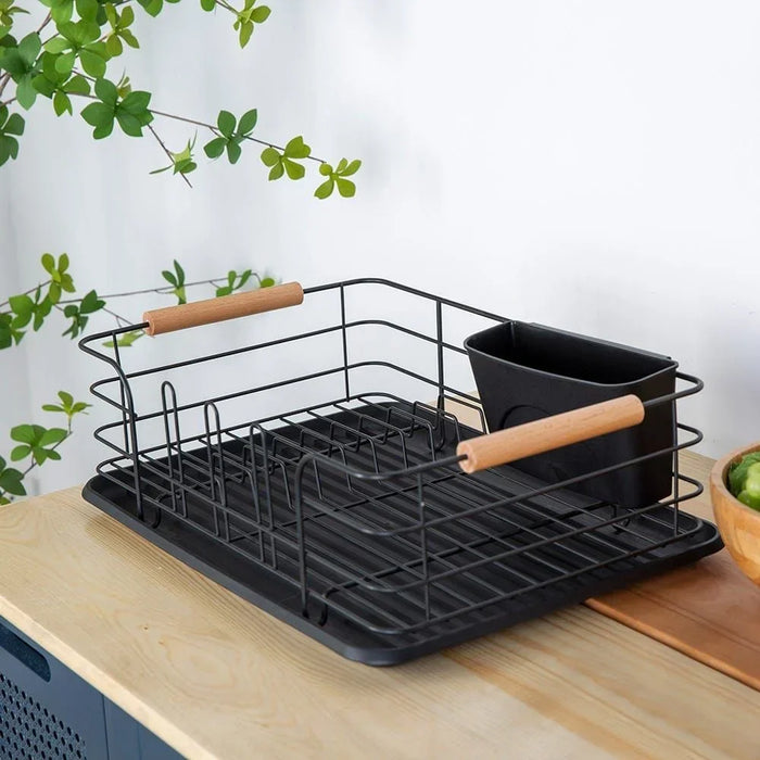 Atticus Iron Dish Rack Set With Wooden Handle Metal Iron Wood Pp Modern Houseware Dish Rack L 43.5x32 X H 14.5cm Black