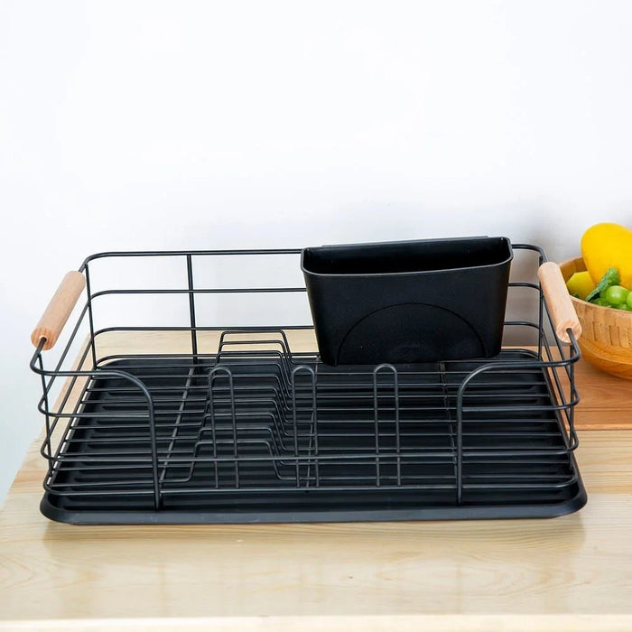 Atticus Iron Dish Rack Set With Wooden Handle Metal Iron Wood Pp Modern Houseware Dish Rack L 43.5x32 X H 14.5cm Black