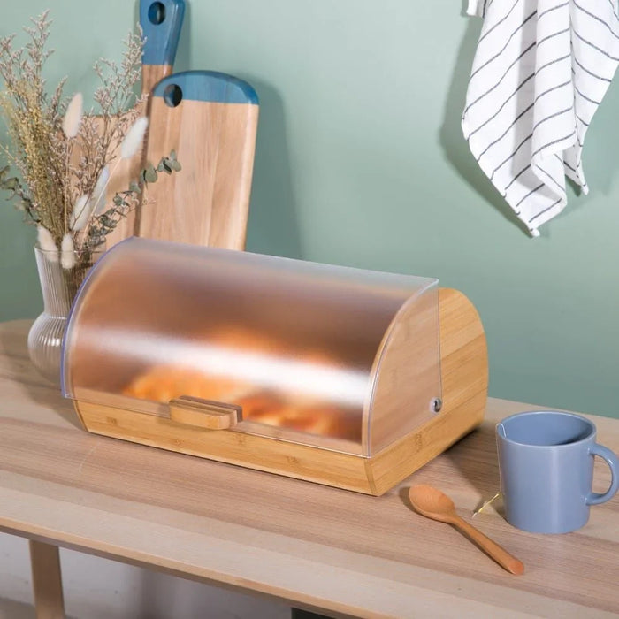 Aaron Bamboo Bread Box With Frosted Clear Ps Cover Natural Bamboo And Polypropylene Plastic Simple Food Container Modern Houseware Storage L 39x25 X H 19cm