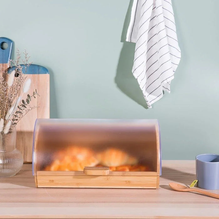 Aaron Bamboo Bread Box With Frosted Clear Ps Cover Natural Bamboo And Polypropylene Plastic Simple Food Container Modern Houseware Storage L 39x25 X H 19cm