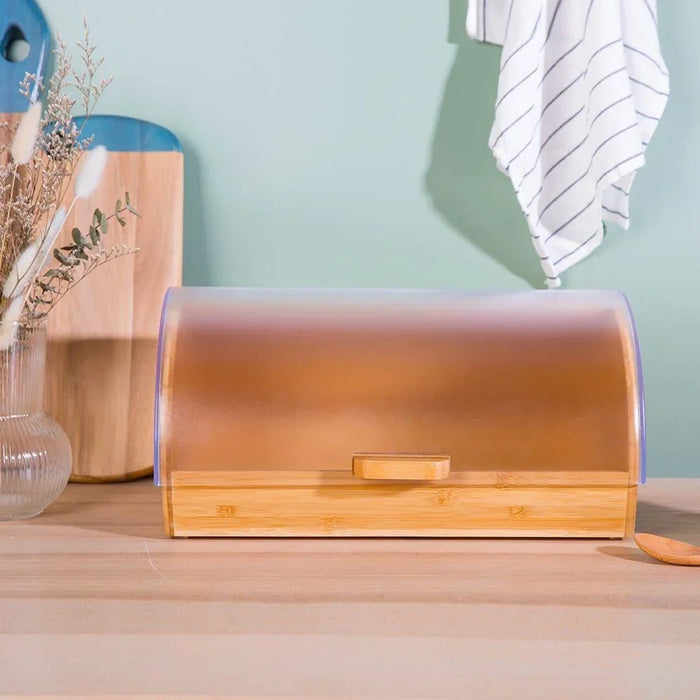 Aaron Bamboo Bread Box With Frosted Clear Ps Cover Natural Bamboo And Polypropylene Plastic Simple Food Container Modern Houseware Storage L 39x25 X H 19cm