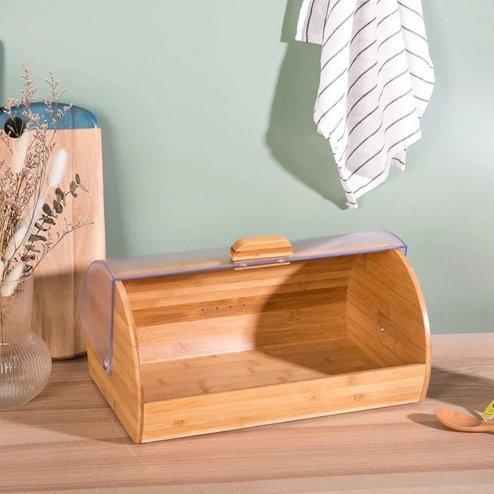 Aaron Bamboo Bread Box With Frosted Clear Ps Cover Natural Bamboo And Polypropylene Plastic Simple Food Container Modern Houseware Storage L 39x25 X H 19cm