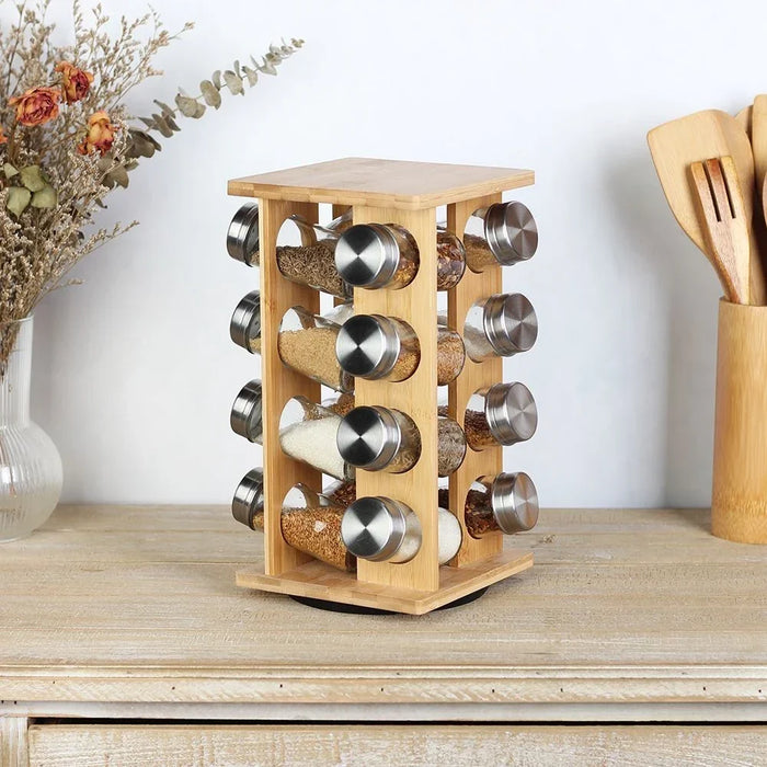 Loretta 16-Piece Bamboo Spice Rack Set Natural Bamboo Stainless And Glass Tabletop Condiments Holder Spice Container Storage For Kitchen L15.5Xw15.5Xh29.2Hcm-16X90Ml - Natural