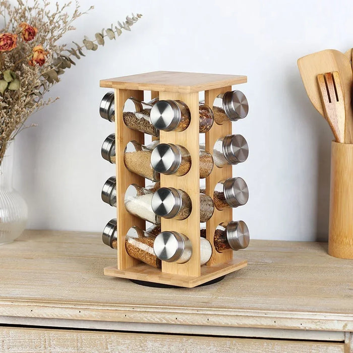 Loretta 16-Piece Bamboo Spice Rack Set Natural Bamboo Stainless And Glass Tabletop Condiments Holder Spice Container Storage For Kitchen L15.5Xw15.5Xh29.2Hcm-16X90Ml - Natural