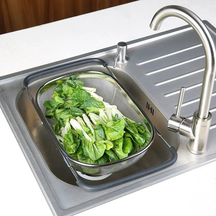 Jake Over Sink Basket Stainless Steel Colander For Cleaning Fruits And Vegetables For Boiled Food Drain Rinse Steam Or Cook For Kitchen L54Xw24Xh11Cm - Silver