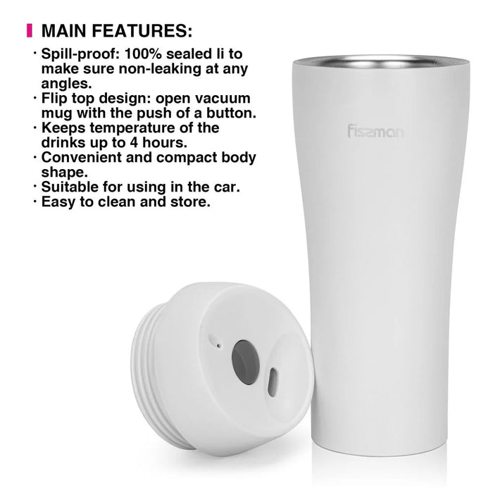 Fissman Double Wall Vacuum Travel Mug - Stainless Steel - White - 420 ml