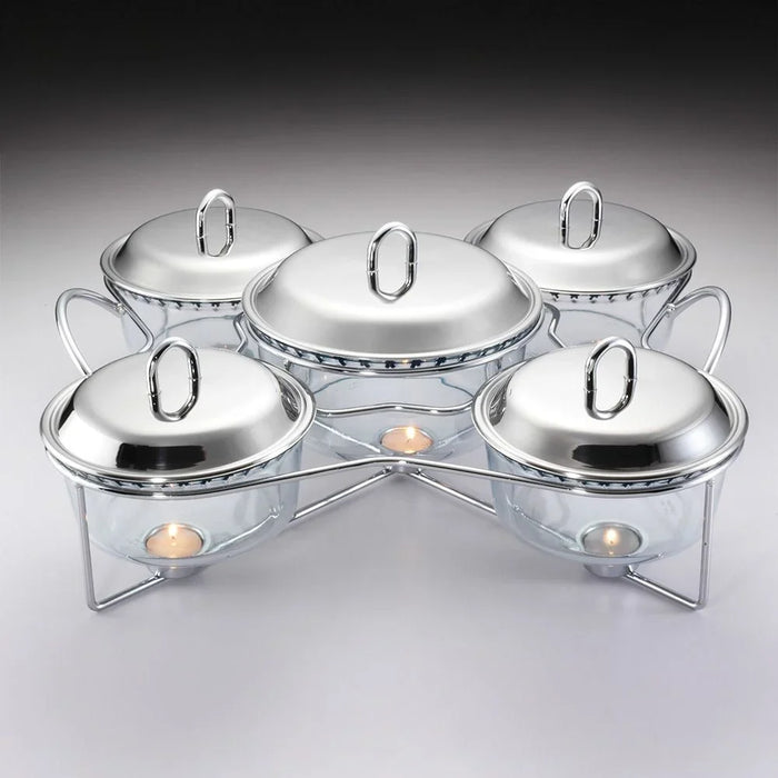 Pristine Stainless Steel 5-Compartment Food Warmer Set - 4x1500ml & 1x2500ml, Durable Silver Serveware, 48x45x15cm, Ideal for Kitchen & Table Top