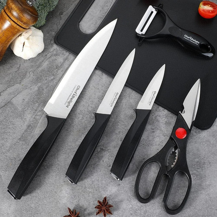 Chef’s Delight Essential 6-Piece Kitchen Knife Set with Cutting Board – Premium Stainless Steel Knives for Chopping, Slicing, and Dicing | Professional Chef Knife Set for Home & Restaurant Silver & Black