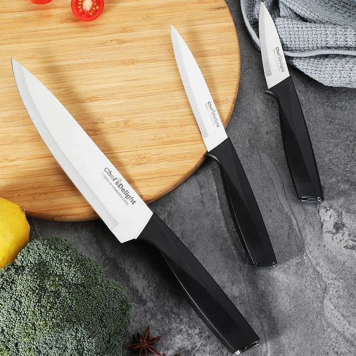 Chef’s Delight Essential 3-Piece Knife Set – Premium Stainless Steel Kitchen Knives for Cutting, Slicing & Chopping | Professional Chef Knife Set for Home & Restaurant Use Silver & Black