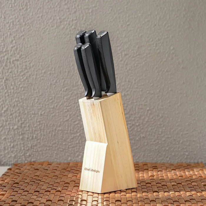 Chef’s Delight Essential 6-Piece Knife Set with Wooden Block – Premium Stainless Steel Kitchen Knives for Cutting, Slicing & Chopping | Ergonomic Handles | Home & Professional Use - Silver & Black