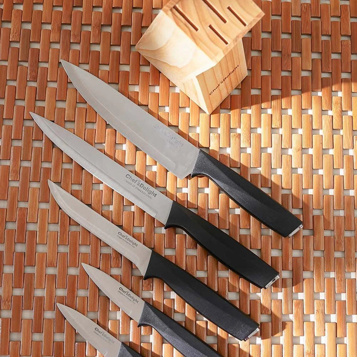 Chef’s Delight Essential 6-Piece Knife Set with Wooden Block – Premium Stainless Steel Kitchen Knives for Cutting, Slicing & Chopping | Ergonomic Handles | Home & Professional Use - Silver & Black