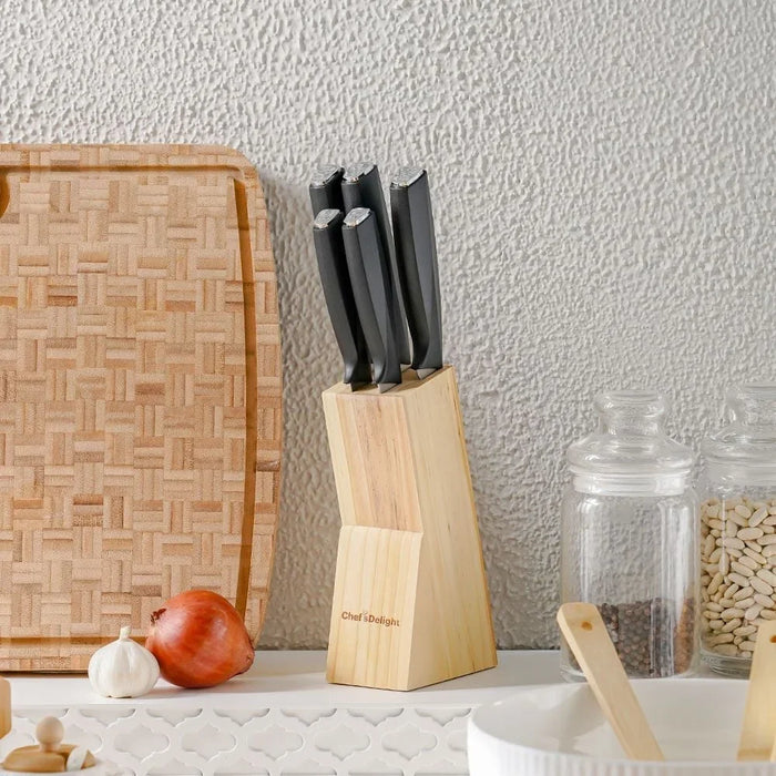 Chef’s Delight Essential 6-Piece Knife Set with Wooden Block – Premium Stainless Steel Kitchen Knives for Cutting, Slicing & Chopping | Ergonomic Handles | Home & Professional Use - Silver & Black