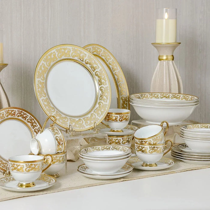 Royal Feast 44-Piece Premium Fine Porcelain Dinner Set – Elegant Tableware for 8 Persons – Luxury Dinnerware Set for Home, Parties, Events & Gifting - White/Gold
