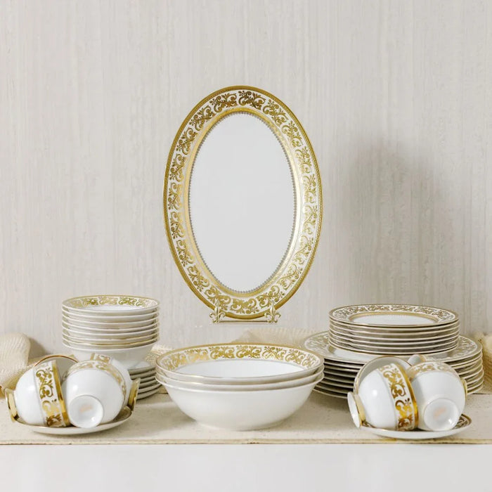 Royal Feast 44-Piece Premium Fine Porcelain Dinner Set – Elegant Tableware for 8 Persons – Luxury Dinnerware Set for Home, Parties, Events & Gifting - White/Gold
