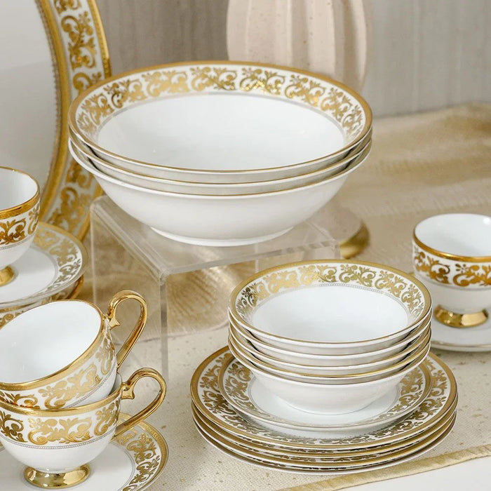 Royal Feast 44-Piece Premium Fine Porcelain Dinner Set – Elegant Tableware for 8 Persons – Luxury Dinnerware Set for Home, Parties, Events & Gifting - White/Gold