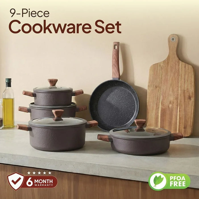 Chef's Delight Bistro Bliss 9-Piece Cookware Set – Non-Stick Marble Coating, PFOA Free – Durable Cooking Pots & Pans for Gas, Electric, Induction Stoves Brown - 4MM Bottom