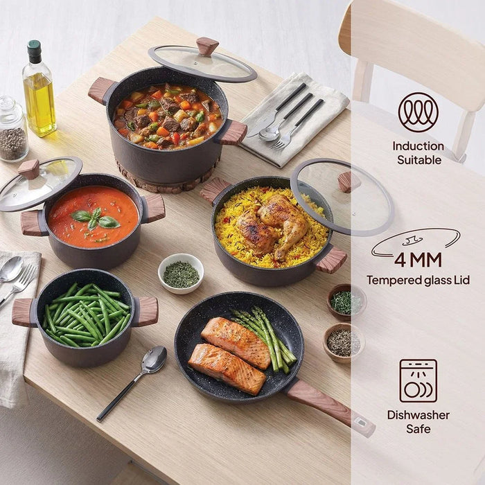 Chef's Delight Bistro Bliss 9-Piece Cookware Set – Non-Stick Marble Coating, PFOA Free – Durable Cooking Pots & Pans for Gas, Electric, Induction Stoves Brown - 4MM Bottom