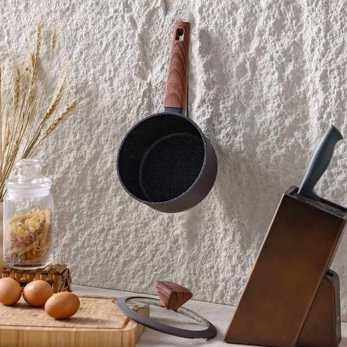 Chef's Delight Bistro Sauce Pan – Non-Stick Durable Cooking Saucepan with Lid for Gas, Electric, Induction – Ideal for Home Kitchen, Restaurant, Chef Use 16x8.5cm - Brown