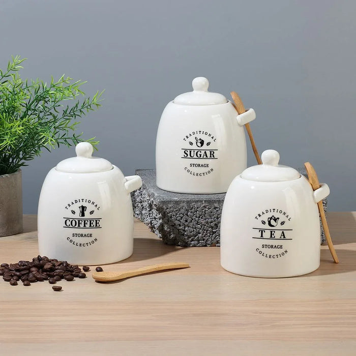 Princess 3-Piece Ceramic Storage Jar Set with Silicone Ring & Wooden Spoon – Airtight Kitchen Canisters for Sugar, Coffee, Tea, Stylish Countertop Food Storage Jars ,700Ml 10.5 X 10.5 X15.5 Hcm