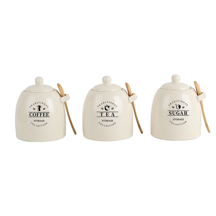 Princess 3-Piece Ceramic Storage Jar Set with Silicone Ring & Wooden Spoon – Airtight Kitchen Canisters for Sugar, Coffee, Tea, Stylish Countertop Food Storage Jars ,700Ml 10.5 X 10.5 X15.5 Hcm