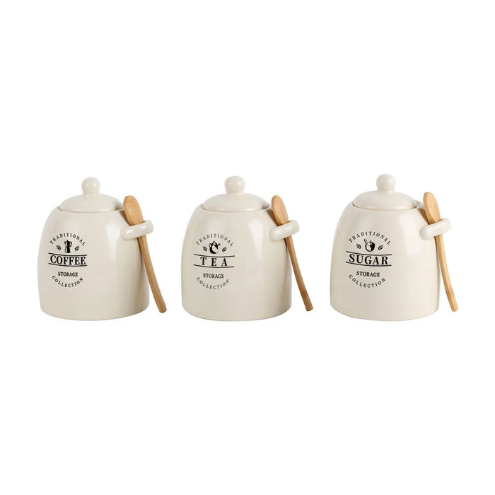 Princess 3-Piece Ceramic Storage Jar Set with Silicone Ring & Wooden Spoon – Airtight Kitchen Canisters for Sugar, Coffee, Tea, Stylish Countertop Food Storage Jars ,700Ml 10.5 X 10.5 X15.5 Hcm
