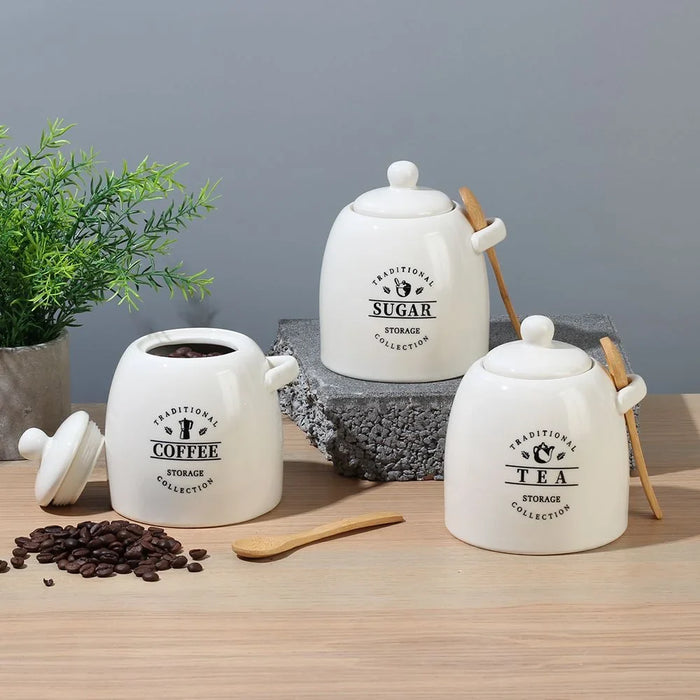 Princess 3-Piece Ceramic Storage Jar Set with Silicone Ring & Wooden Spoon – Airtight Kitchen Canisters for Sugar, Coffee, Tea, Stylish Countertop Food Storage Jars ,700Ml 10.5 X 10.5 X15.5 Hcm