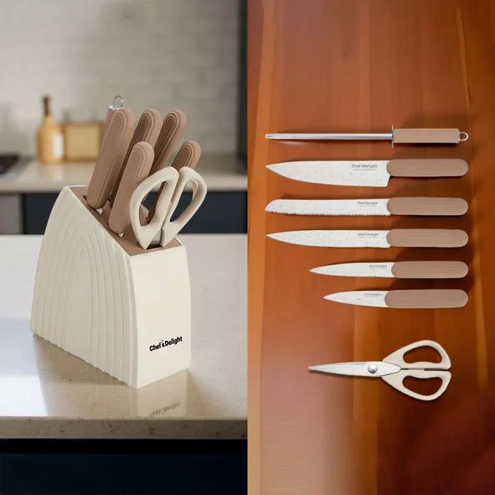 Chef's Delight 8-Piece Knife Set with Wooden Block – Premium Kitchen Knives for Professional and Home Cooking | Sharp Stainless Steel Blades | Essential Culinary Tool Set