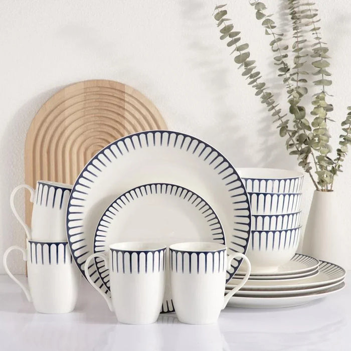 Eminence 16-Piece New Bone China Dinner Set - Elegant Tableware for 4, Includes 4 Dinner Plates (27CM), Side Plates (19CM), Bowls (14CM), and Mugs (360ML)