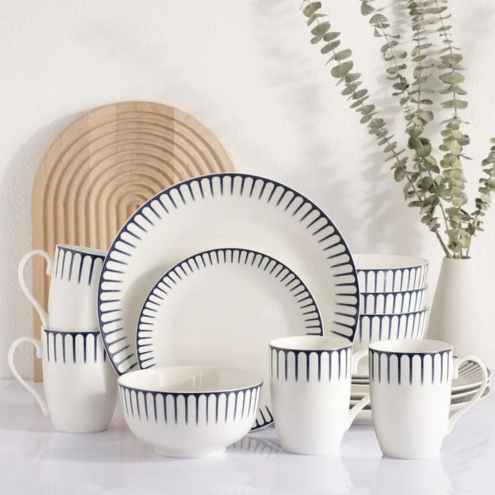 Eminence 16-Piece New Bone China Dinner Set - Elegant Tableware for 4, Includes 4 Dinner Plates (27CM), Side Plates (19CM), Bowls (14CM), and Mugs (360ML)