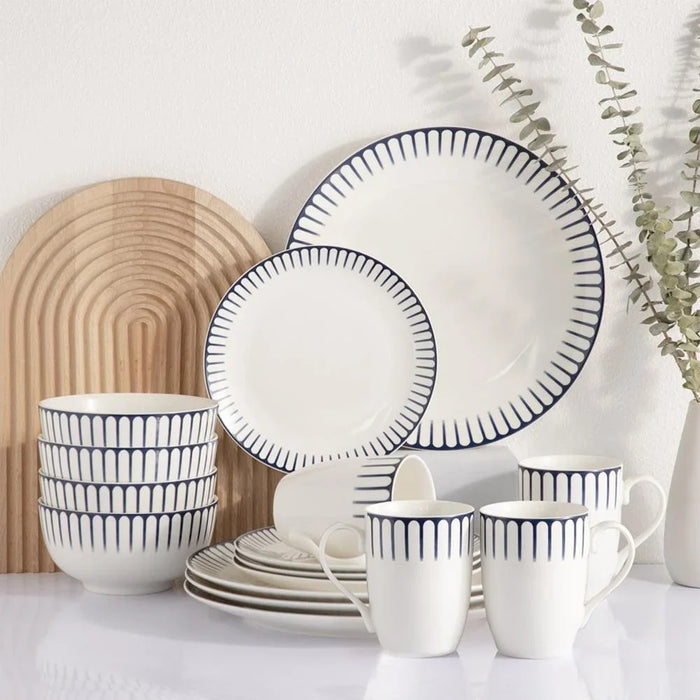 Eminence 16-Piece New Bone China Dinner Set - Elegant Tableware for 4, Includes 4 Dinner Plates (27CM), Side Plates (19CM), Bowls (14CM), and Mugs (360ML)