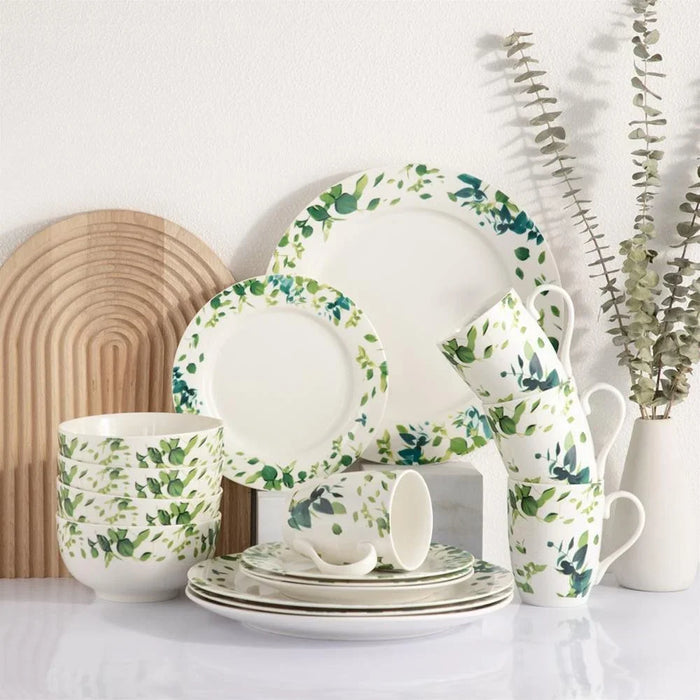 Eminence 16-Piece New Bone China Dinner Set - Elegant Green Tableware for 4 | Includes 4 Dinner Plates (27CM), Side Plates (19CM), Bowls (14CM), Mugs (360ML)