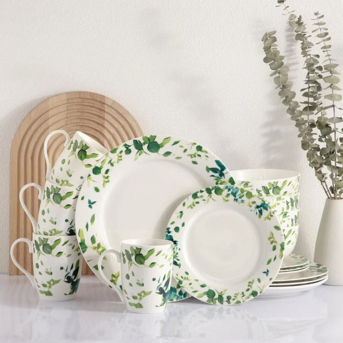 Eminence 16-Piece New Bone China Dinner Set - Elegant Green Tableware for 4 | Includes 4 Dinner Plates (27CM), Side Plates (19CM), Bowls (14CM), Mugs (360ML)