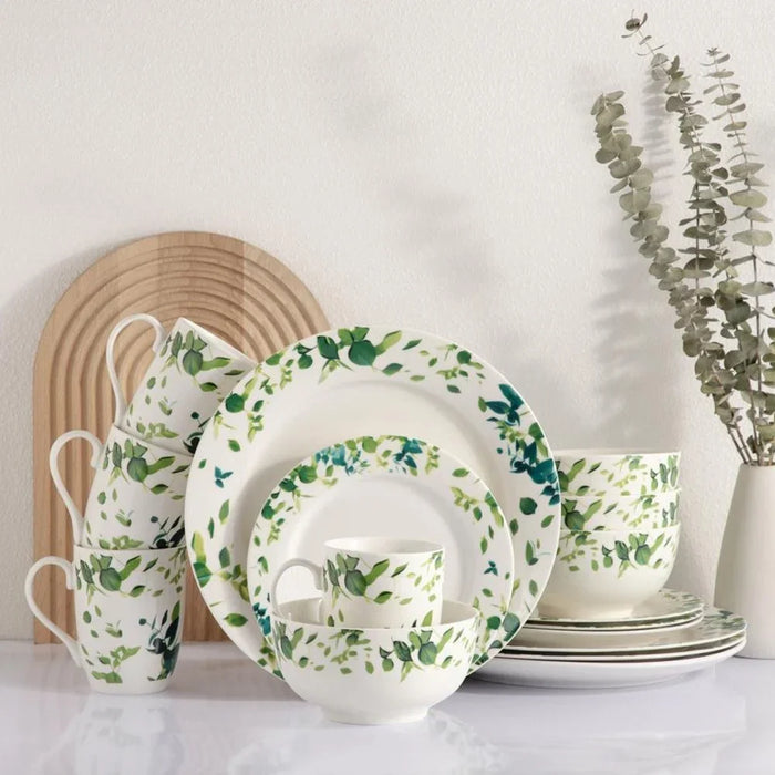 Eminence 16-Piece New Bone China Dinner Set - Elegant Green Tableware for 4 | Includes 4 Dinner Plates (27CM), Side Plates (19CM), Bowls (14CM), Mugs (360ML)