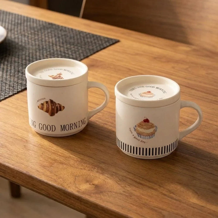 Danube Essential 4-Piece New Bone China Mug Set with Saucers & Lids - 405ml, Beige - Ideal for Kitchen Table Top, Elegant Design