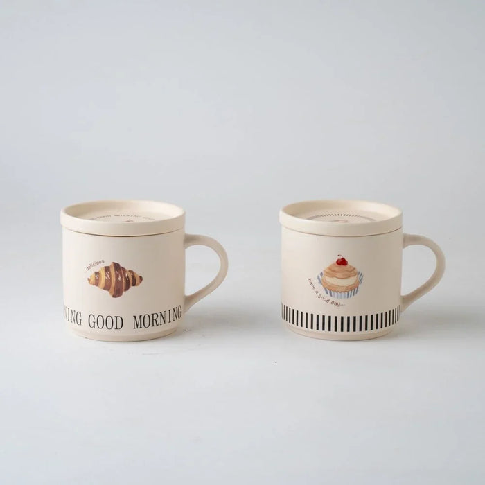 Danube Essential 4-Piece New Bone China Mug Set with Saucers & Lids - 405ml, Beige - Ideal for Kitchen Table Top, Elegant Design