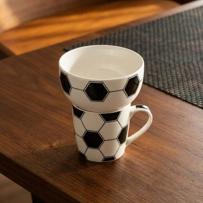 BTS 2-Piece Soccer Breakfast Set - Stylish Black & White New Bone China Mug (345ml) & Bowl (480ml) - Ideal for Kitchen Table Top