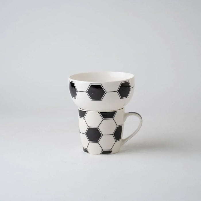 BTS 2-Piece Soccer Breakfast Set - Stylish Black & White New Bone China Mug (345ml) & Bowl (480ml) - Ideal for Kitchen Table Top