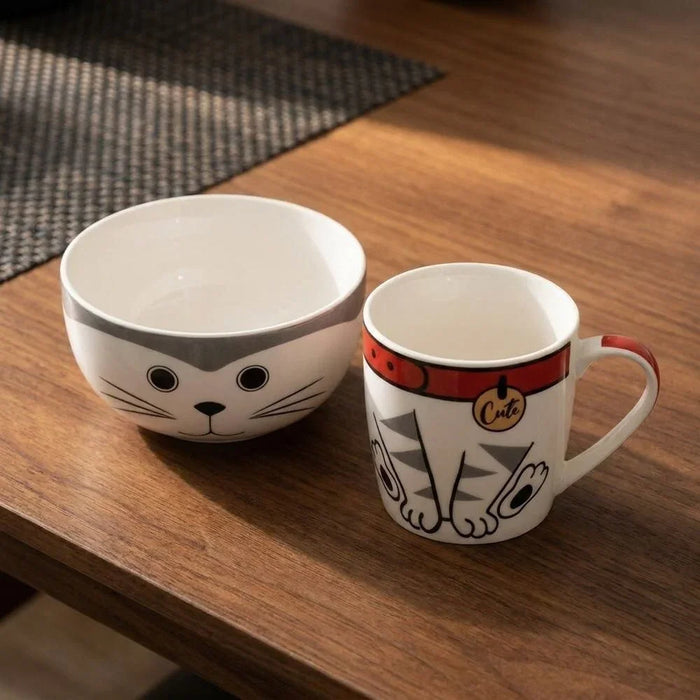 BTS 2-Piece Meow Breakfast Set - Stylish Black & White New Bone China Mug (345ml) & Bowl (480ml) - Ideal for Coffee, Tea, and Breakfast